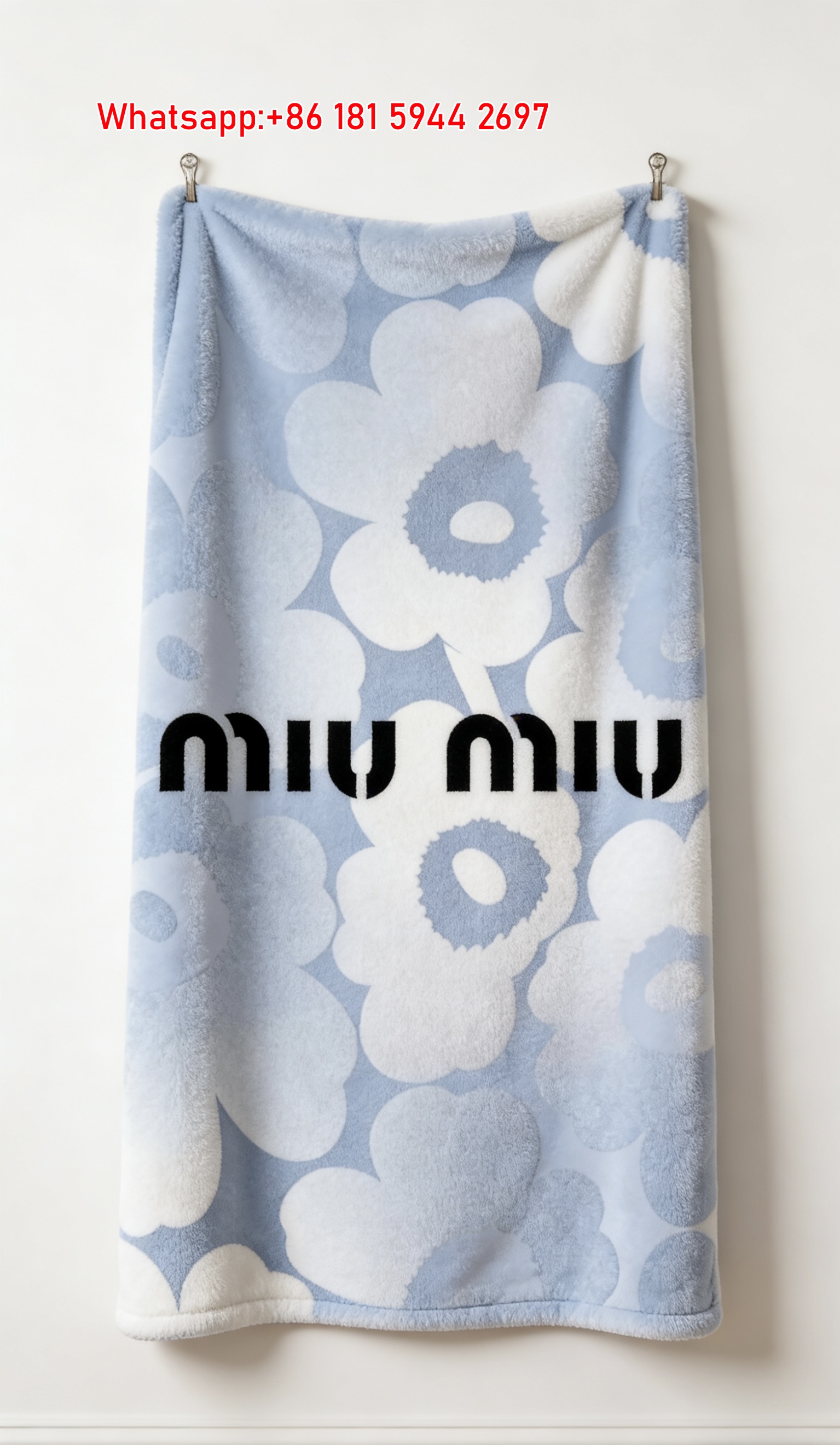 Miu Miu Floral Print Flannel Throw Blanket Soft Dusty Blue with Monochrome Poppy Pattern IMG_0439